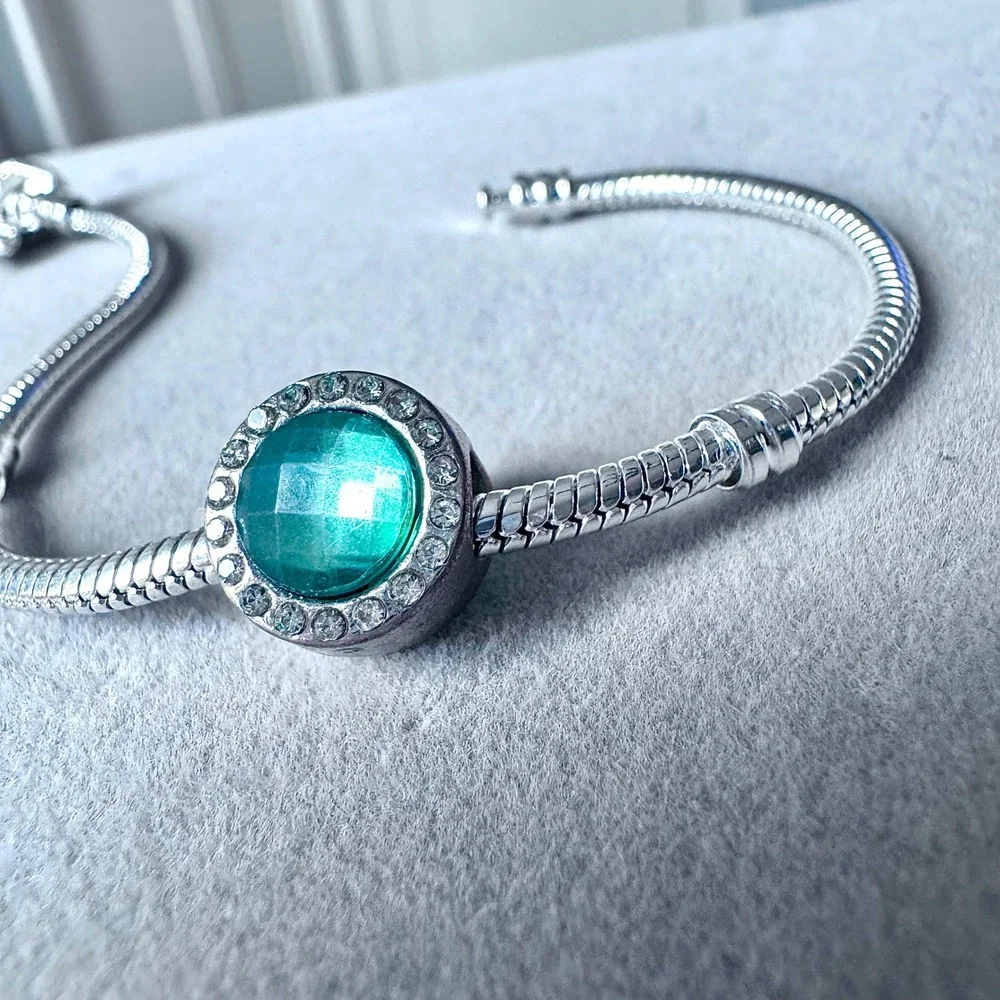 Teal‎ Crystal Halo Round Slide Charm Bracelet Silver Tone Sparkle fits PANDORA